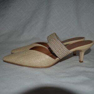 New $595 Sz 37.5 7 Malone Soulier Natural Rafia Maisie Kitten Mules Heels